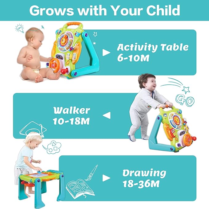 iPlay, iLearn 3 in 1 Baby Walker Sit to Stand Toys, Kids Activity Center, Toddlers Musical Fun Table, Lights and Sounds, Learning, Birthday Gift for 9, 12, 18 Months, 1, 2 Year Old, Infant, Boy, Girl-CubbioJoy