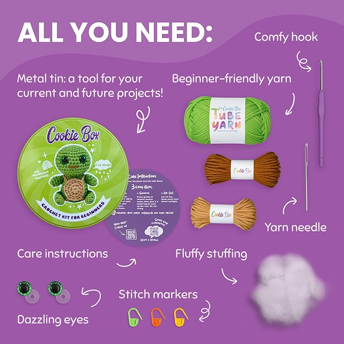 Cookie Box Crochet Kit for Beginners - Learn to Craft Amigurumi Stuffed Animals - Knitting Gift for Kids and Adults - Beginner-Friendly Yarn - Stitch-by-Stitch Video Tutorial - Turtle Hugo-CubbioJoy