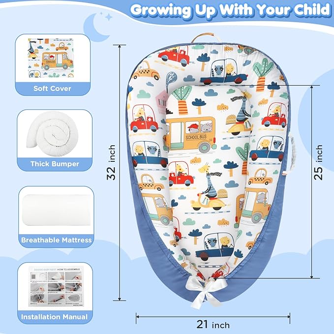 Baby Lounger - Baby Lounger for Newborn 0-24 Months, Breathable and Soft Cotton Cover Baby Nest, Portable Cozy Tummy Time Lounger for Home and Travel, Ideal Baby Essentials & Shower Gifts-CubbioJoy