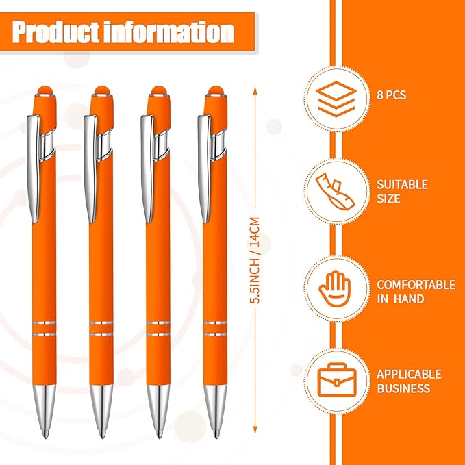 8 Pieces Ballpoint Pen with Stylus Tip Black Ink 2 in 1 Stylus Metal 1.0 mm Medium Point Smooth Pen Rainbow Colorful Rubberized Ballpoint for Touch Screen Tablet(Orange)-CubbioJoy