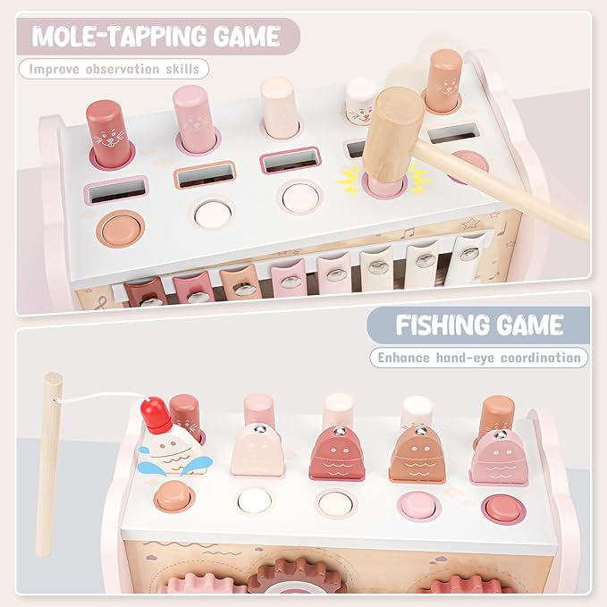 Joyreal Montessori Toys for 1 Year Old Girl Gift - Pink Wooden Hammering Pounding Toy with Xylophone & Fishing Game - Toddler Learning Activities for Kids 1+ 2 3 Year Old Christmas Birthday Gifts-CubbioJoy