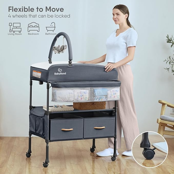 BabyBond Portable Baby Changing Table with 2 Storage Baskets, Foldable Diaper Changing Table Dresser Waterproof Height Adjustable Changing Station for Infant and Newborn(Grey)-CubbioJoy