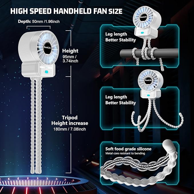 2 Pack Multifunctional Portable Stroller Fan 4 Speed 6600rpm High Speed Usb Rechargeable Personal Mini Handheld Fan Extended Tripod For Desktop Winding Kids Bed Treadmill Bike Golf Cart Outdoor Travel-CubbioJoy