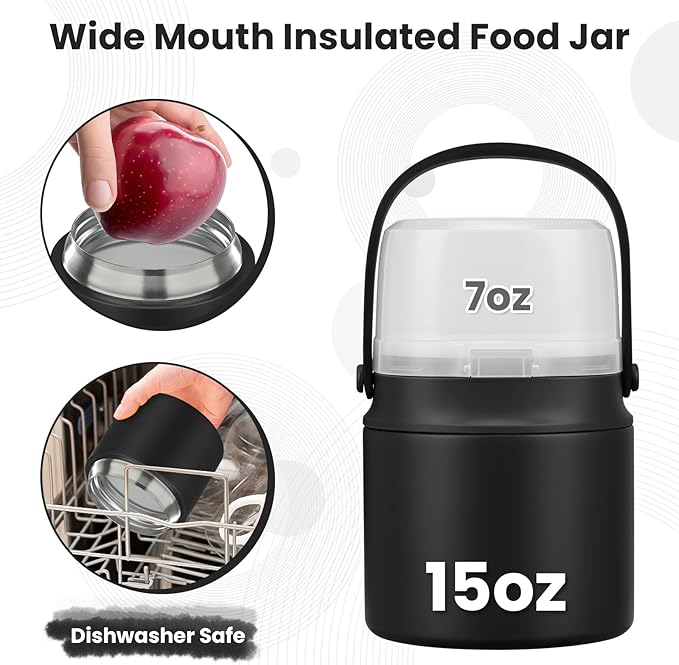 2-in-1 Insulated Food Jar & Snack Container - 15oz Kids Soup Thermos for Hot Food with Handle and Spoon, Leak Proof Reusable Toddler Snack Box, Perfect for School & Travel, Black-CubbioJoy