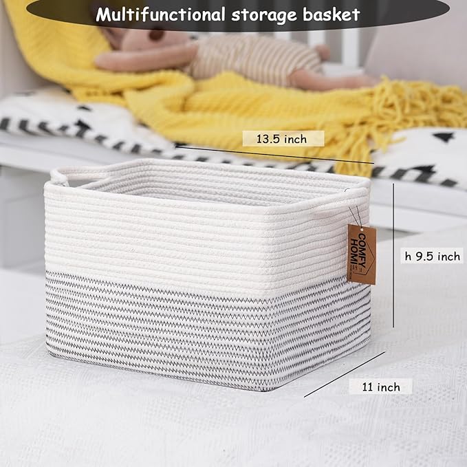 COMFY-HOMI Cotton Rope Woven Basket with Handles for Shelves,Toys,Book, Cloth Storage Baskets Bin for Organizing-13.5"x11"x9.5" Toy Decorative Organizer for Living Room, Bathroom-White/Black Line-CubbioJoy