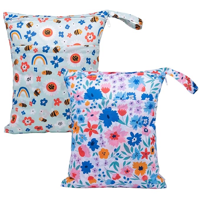ALVABABY 2pcs Cloth Diaper Wet Dry Bags Waterproof Reusable with Two Zippered Pockets Travel Beach Pool Daycare Soiled Baby Items Yoga Gym Bag for Swimsuits or Wet Clothes LX-YX8688-CubbioJoy
