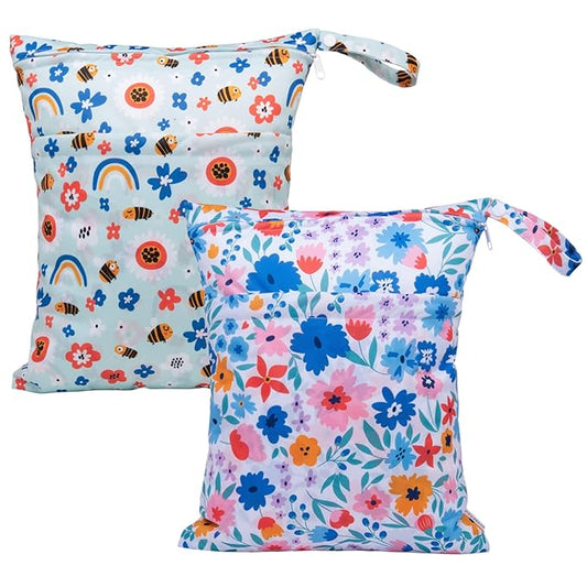 ALVABABY 2pcs Cloth Diaper Wet Dry Bags Waterproof Reusable with Two Zippered Pockets Travel Beach Pool Daycare Soiled Baby Items Yoga Gym Bag for Swimsuits or Wet Clothes LX-YX8688-CubbioJoy