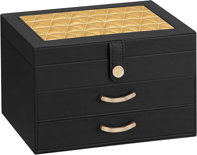 Black Jewelry Box Organizer: Home Decor for Women - 2-Drawer Holder for Valentine’s Day Birthday Christmas Black Gold-CubbioJoy