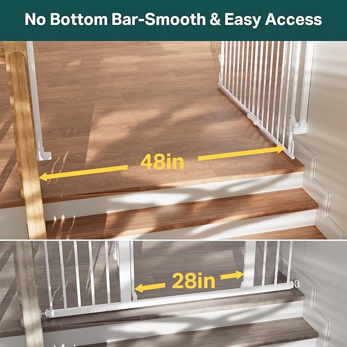 Cumbor 34" Extra Tall No Bottom Bar Baby Gate for Stairs, Auto Close Dog Gate Indoor for Larger Pets, 31.6-48" Hardware Mounted Safety Gate for Doorways, Wide Walk Thru Door for Easy Access (White)-CubbioJoy