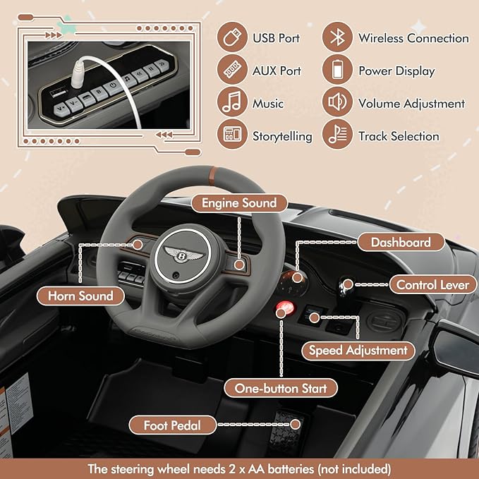 Costzon Ride on Car, 12V Licensed Bentley Bacalar Battery Powered Kids' Electric Vehicles w/Remote Control, Scissor Doors, Wireless Connection, Lights/Sound Effects, Kids Car Toys for Toddlers(Black)-CubbioJoy