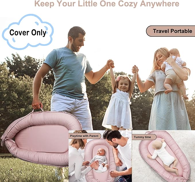 Baby Lounger Cover Only for Newborns, 100% Cotton Soft Portable Baby Nest Lounger Cover, Breathable Infant Lounger Replacement Cover, Lounger Pillow Cover Fit for Snuggle Me, Cover Only(Pink)-CubbioJoy