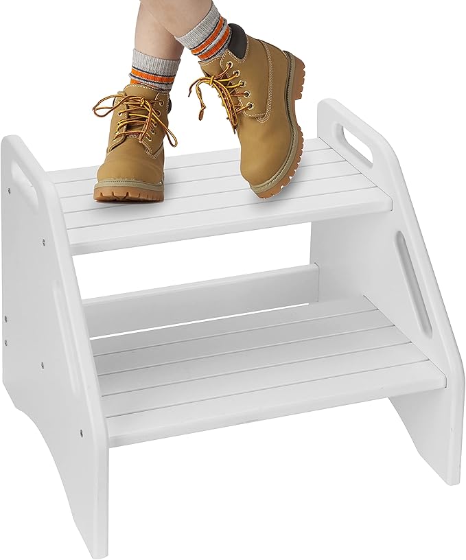 AMBIRD Wooden Two Step Stools Toddler with Safety Non-Slip Pads and Handles, Bamboo Step Stool for Bathroom, Bedroom, Kitchen Dual Height Step Stools for Kids (White)-CubbioJoy