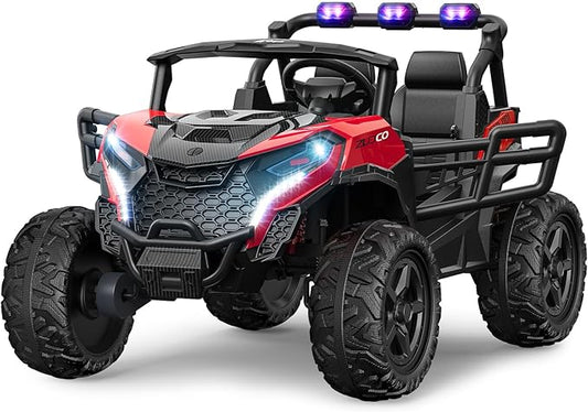 24V 2 Seater Ride on Car Truck, 4x200W, EVA Tires, 4WD/2WD, Rainbow Lights, Remote Control, Shock Absorbers, Bluetooth, Ride On UTV Toy for Kids Ages 3-8, Red-CubbioJoy