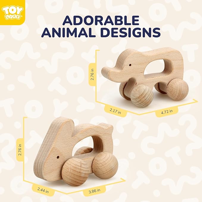 TOY Life Wooden Toys Cars, Montessori Toys for Babies 0-6-12 Months, Babies Bunny Rattle Cars for Toddlers 1-3, Wooden Baby Toys Gift 1 Year Old, Baby Boy Nursery Decor, Elephant & Rabbit Toy Car-CubbioJoy