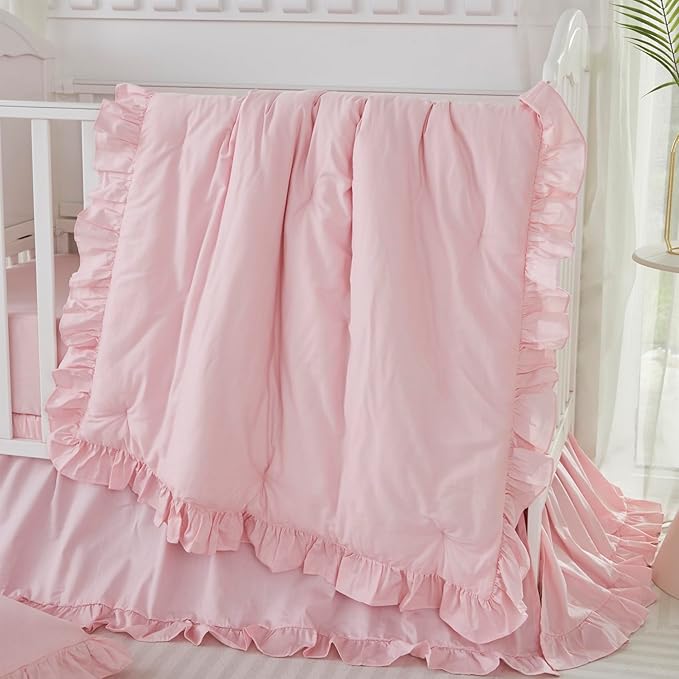 Brandream Farmhouse Crib Bedding Sets for Girls and Boys | 3 Piece Nursery Set Pink Ruffles | Baby Comforter, Fitted Crib Sheet, Crib Skirt Included,100% Cotton Percale-CubbioJoy