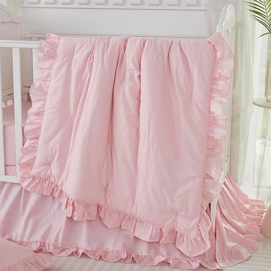 Brandream Farmhouse Crib Bedding Sets for Girls and Boys | 3 Piece Nursery Set Pink Ruffles | Baby Comforter, Fitted Crib Sheet, Crib Skirt Included,100% Cotton Percale-CubbioJoy
