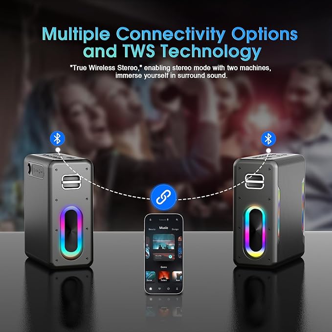 Karaoke Machine with Two Wireless Microphones, Powerful Portable Bluetooth Speaker for Adults & Kids, PA System with 2 Voice Mode, LED Lights, Supports BT/TWS/AUX/USB/TF for Party (Black+Sliver)-CubbioJoy