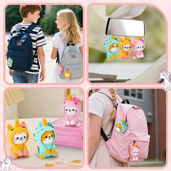 Crochet Kit for Beginners - 3 PCS Unicorn Cat Crochet Kits with Step-by-Step Video Tutorials, Beginner Crochet Kit for Adults Kid, Crochet Animal Kit for Starters, Cat Dressed as Unicorn Set-CubbioJoy