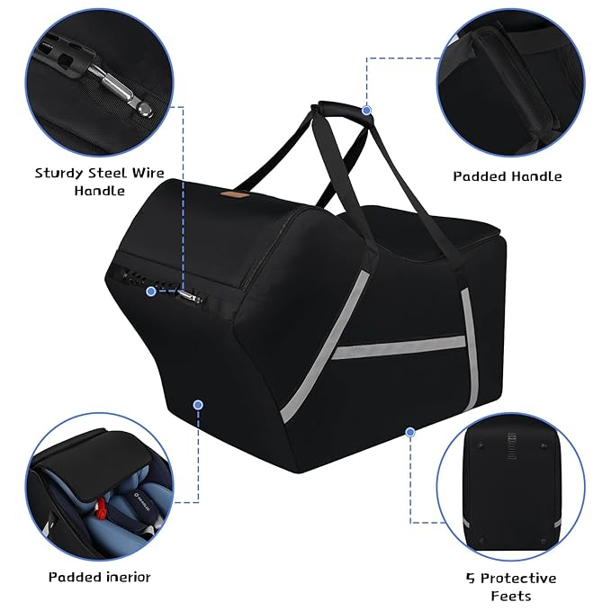 Infant Car Seat Travel Bag for Airplane Compatible with All Nuna Pipa Car Seat and Base,Chicco KeyFit 30 and Base, Padded Car Seat Bags for Air Travel,Car Seat Gate Check Bag with Side Pocket, Black-CubbioJoy