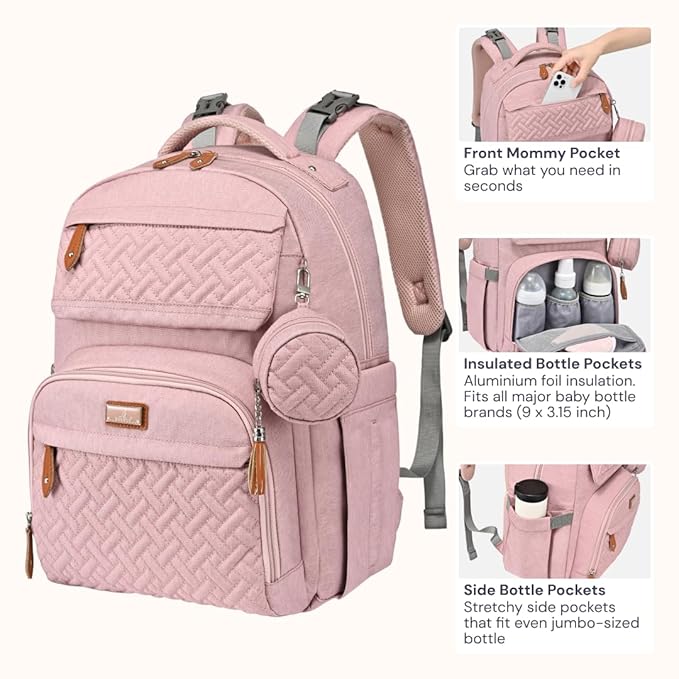 BabbleRoo Diaper Bag Backpack, Travel Backpack with Changing Pad, Pacifier Case & Stroller Straps, Multifunction, Waterproof, Unisex – Pink-CubbioJoy