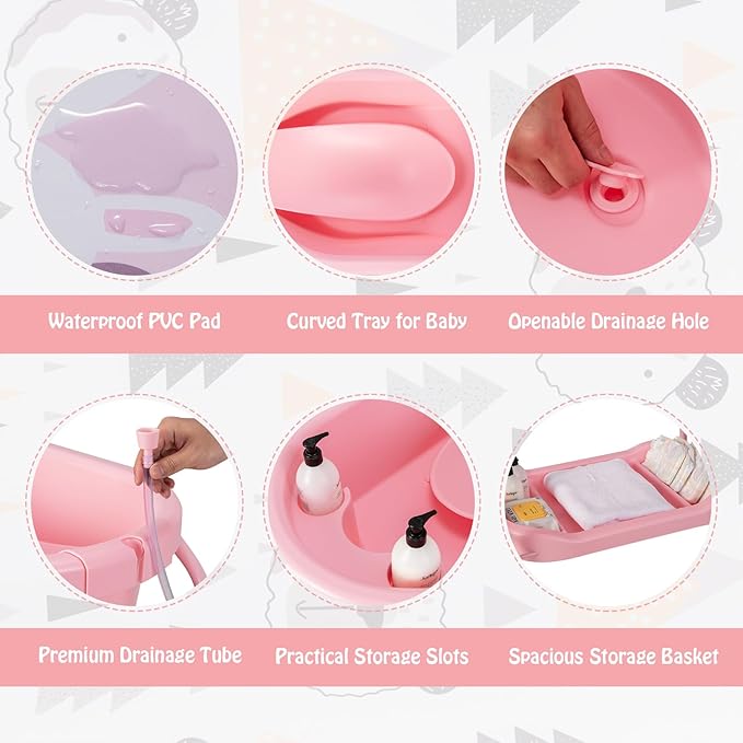 BABY JOY Baby Bathtub with Changing Table, Foldable Infant Diaper Changing Station with Storage Tray, Waterproof Pad, Portable Newborn Nursery Organizer Bath Stand with 4 Universal Wheels (Pink)-CubbioJoy