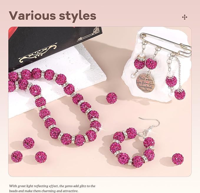 200pcs 10mm Rhinestone Beads for Jewelry Making, Fuchsia Shiny Round Disco Ball Beads Bulk, Sparkle Crystal Clay Christmas for Bracelet Baseball Necklace Earring Crafting and DIY-CubbioJoy