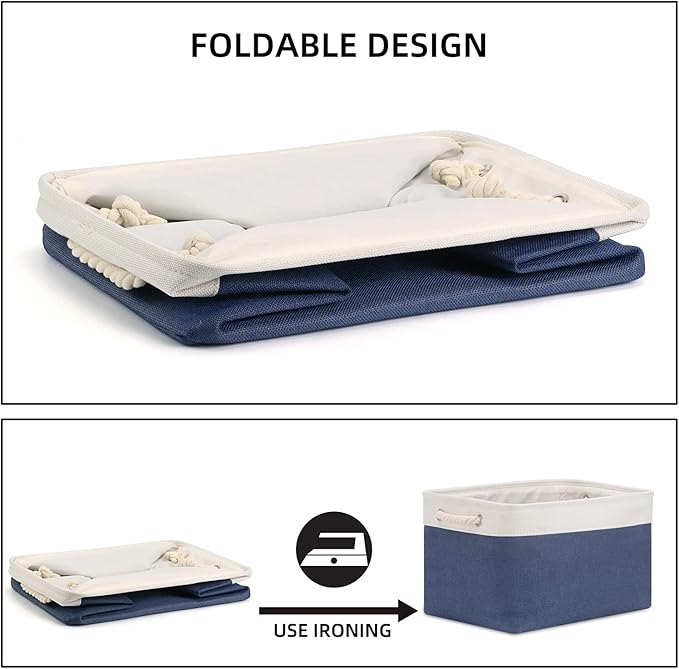 Bidtakay Storage Baskets Collapsible [3-Pack] Decorative Storage Bins with Cotton Rope Handles 15 X 11 X 9.5 Inch Organizing Baskets for Shelves Clothes Closet Navy Blue Baskets for Gifts Empty-CubbioJoy