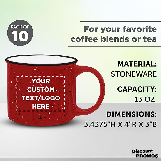 DISCOUNT PROMOS Custom Ceramic Campfire Coffee Mugs 13 oz. Set of 10, Personalized Bulk Pack - Perfect for Tea, Espresso, Cappuccino, Hot Cocoa - Red-CubbioJoy