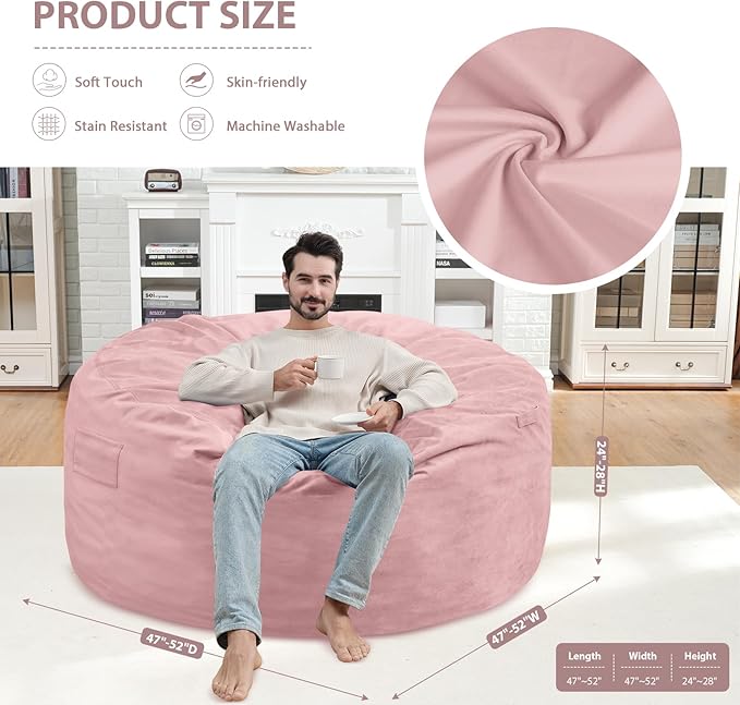 5FT Bean Bag Chair, Large Bean Bag Chairs with Memory Foam Filled, Fluffy Beanbag Sofa with Dutch Velvet Cover, Round BeanBag Chairs for Living Room, Playroom - Light Pink-CubbioJoy