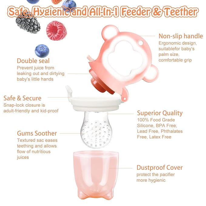 Baby Fruit Food Feeder - Silicone Nibble Tray Combo - Breastmilk Popsicle Mold for Cooling Relief, BPA Free Mesh Feeder for Infant Self Feeding (Monkey Pink + Pineapple)-CubbioJoy