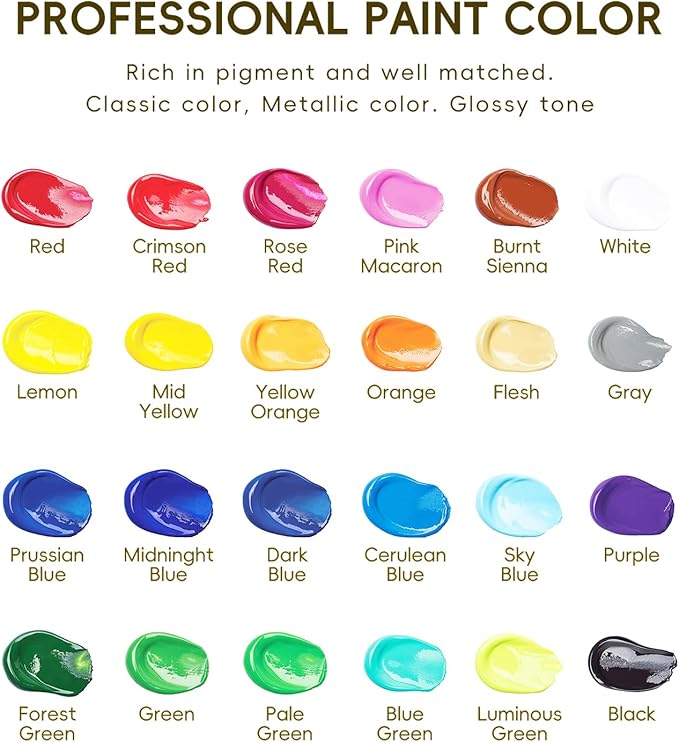 24 Colors Acrylic Paint Set, 2oz Bottles Classic Color, Rich Pigmented Canvas Paint Set, Premium Non-toxic Acrylic Paint for Artists, Kids & Adults, Art Supplies for Canvas Painting Rocks Wood Ceramic Model with 10 Brushes & Palette-CubbioJoy