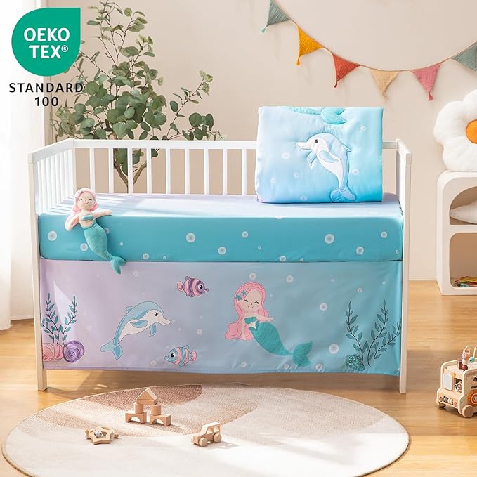 4 Piece Crib Bedding Set for Boys Girls, Infant Toddler Nursery Baby Bedding Sets Includes Cartoon Quilt, Fitted Crib Sheet, Crib Skirt and Plush Mermaid Toy-CubbioJoy