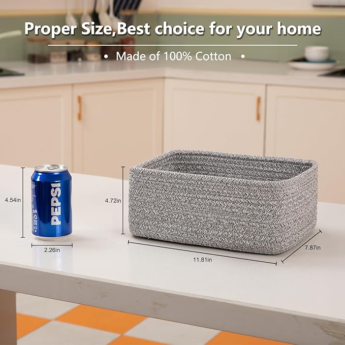 4 Pack Small Storage Shelf Baskets for Organizing, Mini Woven Rope Storage Bins for Towels, Cute Decorative Closet Organizer，Baby Nursery, Gift Empty Baskets -11.81''Lx7.87''Wx4.72''H-Grey-CubbioJoy