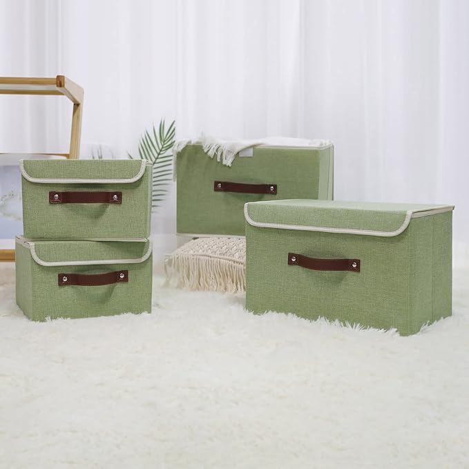 ANMINY Storage Bin with Lid Storage Boxes with PU Leather Handles PP Plastic Board Decorative Foldable Lidded Cotton Linen Fabric Home Cubes Baskets Closet Organizer Container - Green, Small Size-CubbioJoy
