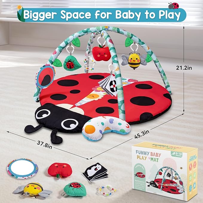 Jyusmile Baby Play Gym Mat, 8-in-1 Tummy Time Mat with 6 Toys, Washable Baby Activity Mat for Visual, Hearing, Sensory, Motor Development, Baby Essentials Gift for Newborn Infant 0-3-6-9-12 Months-CubbioJoy