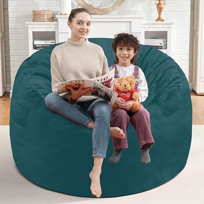 3FT Bean Bag Chair, Comfy Bean Bag Chairs with Memory Foam Filled, Fluffy Beanbag Sofa with Dutch Velvet Cover, Round BeanBag Chairs for Living Room, Playroom - Sea Blue-CubbioJoy