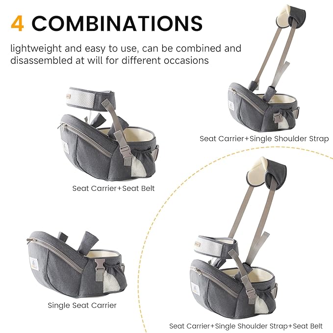 Baby Carrier with Hip Seat Adjustable Strap Huge Storage 4-in-1Toddler Carrier Enhanced Lumbar Support Ergonomic Baby Hip Carrier for Newborns & Toddlers Gray-CubbioJoy
