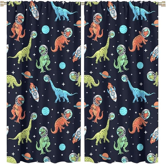 Cartoon Dinosaur Curtains for Kids Boys Girls Home Decor, Astronaut Rocket Funny Outer Space Blackout Rod Pocket Window Drapes for Bedroom Living Room W31.5xL63in 2 Panels-CubbioJoy