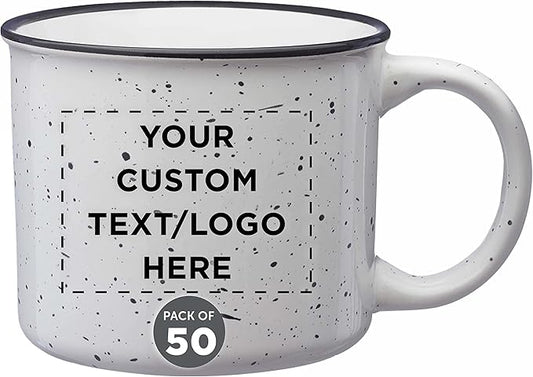 DISCOUNT PROMOS Custom Ceramic Campfire Coffee Mugs 13 oz. Set of 50, Personalized Bulk Pack - Perfect for Tea, Espresso, Cappuccino, Hot Cocoa - White-CubbioJoy
