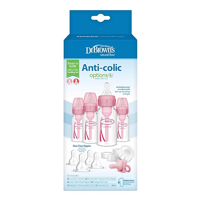 Dr. Brown's Anti-Colic Baby Feeding Set with Slow Flow Nipples, Travel Caps, Silicone Pacifier - Pink-CubbioJoy