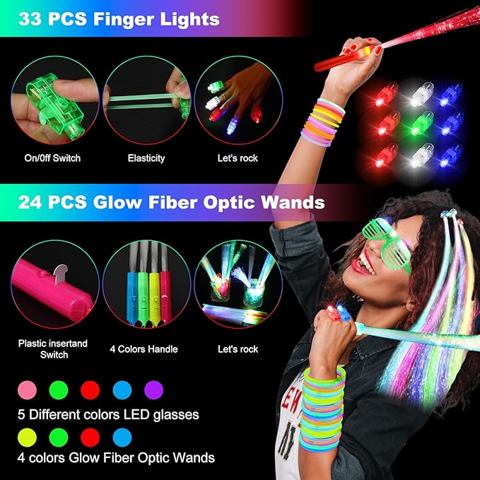 290 PCS Glow in the Dark Party Supplies, 200 Glow Sticks, 24 Fiber Optic Wands, 15 LED Glasses, 33 Finger Lights and 18 LED Hair Clips for Wedding, Birthday, Concert, Raves, New Year-CubbioJoy