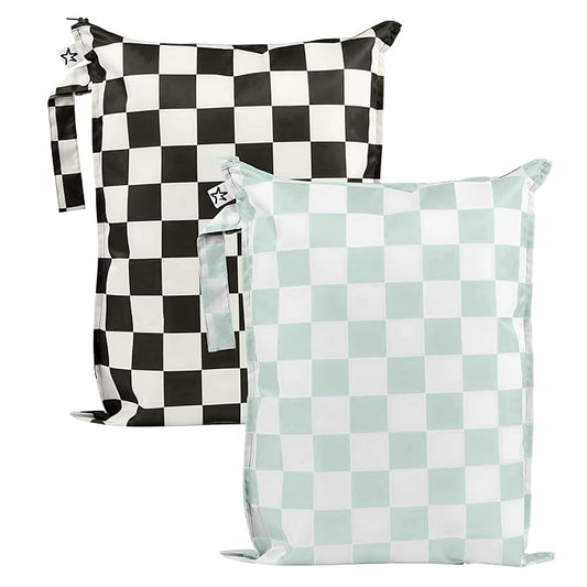 Tiny Twinkle Mess-Proof Waterproof Wet Dry Bag | 2-Pack Reusable Wet Bags for Swimsuits & Baby Clothes | Leakproof Wet Bag for Travel & Diaper Changes for Baby (Black, Green Checkers)-CubbioJoy