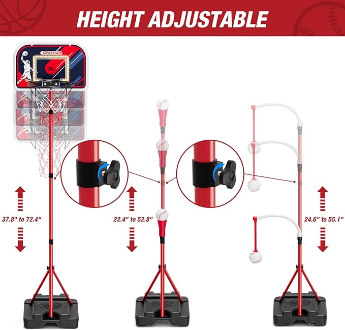 4 in 1 Kids Basketball Hoop and Tball Set for Toddlers 3-5, Basketball Goal with Scoreboard & LED, Hanging Tee Ball Stand with Baseball Pitching Machine, Indoor Outdoor Sport Toys for Boys 4-8-CubbioJoy