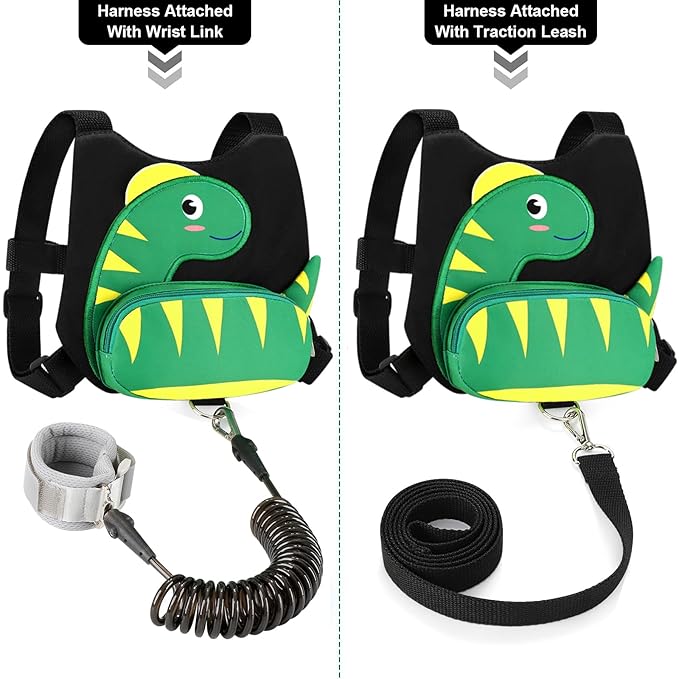 Accmor Toddler Harness Leash + Anti Lost Wrist Link, Cute Dinosaur Kids Harness with Leash, Mini Child Harness Leash Wristband Tether Protector for Baby Boys Girls Age1-3 Years Old to Outdoor Travel-CubbioJoy