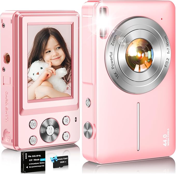 Digital Camera,FHD 1080P Kids Camera 44MP Point and Shoot Digital Cameras with 32GB Card,16X Zoom,Anti-Shake,Date Stamp,Compact Small Cameras Photography for Kids Student Teen Girl Boy(Pink)-CubbioJoy