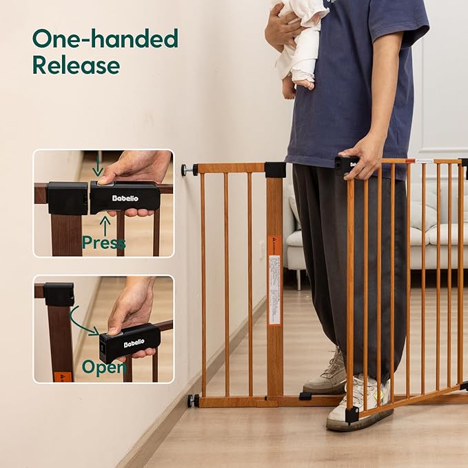 BABELIO 29-48" Metal Baby Gate with Brown Wood Pattern, Auto Close Dog Gate for The House, Stairs and Doorways, Pressure Mounted Pet Gate with Door, Safety Gate for Child and Pets-CubbioJoy