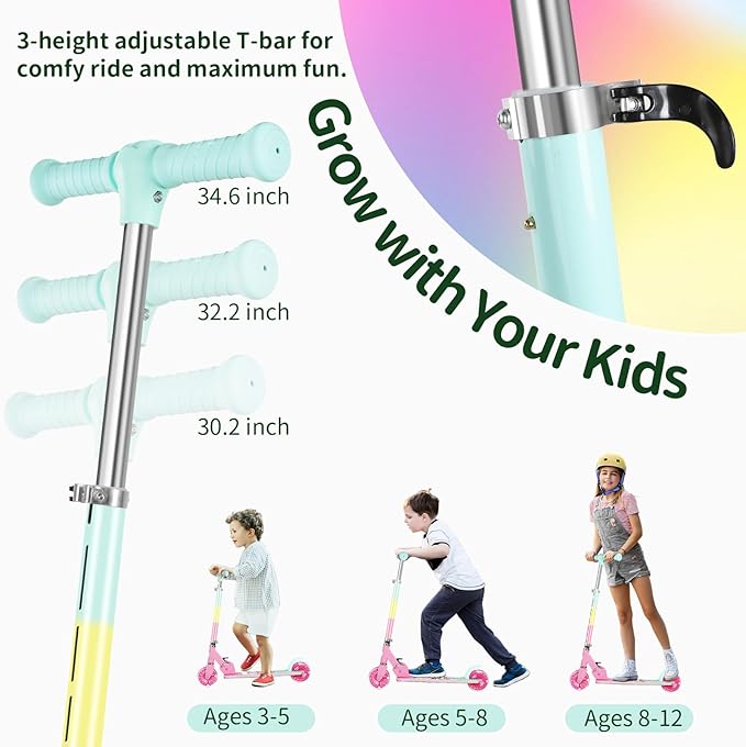 BELEEV V2 Scooters for Kids with Light-Up Wheels & Stem & Deck, 2 Wheel Folding Scooter for Girls Boys, 3 Adjustable Height, Non-Slip Pattern Deck, Lightweight Kick Scooter for Children Ages 3-12-CubbioJoy