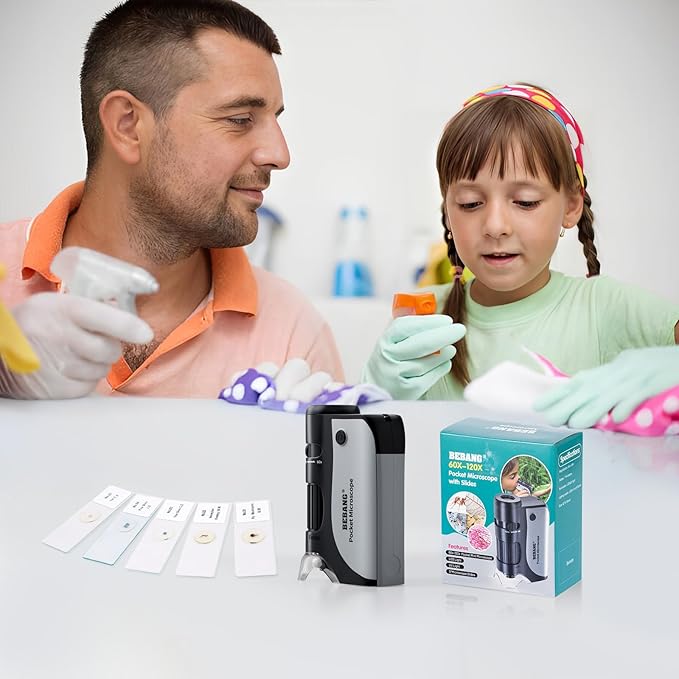 BEBANG Pocket Microscope,60X-120X Handheld Mini Microscope for Kids with LED Lighted Zoom, Portable Microscope Kits with 5 Pcs Slides for Adults Microbiological Observation Preschool Home Study Gifts-CubbioJoy