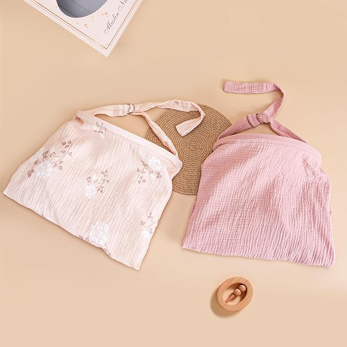 2 Pack Muslin Cotton Nursing Cover for Breastfeeding, Privacy Breathable Breastfeeding Cover Cover up with Arch Neckline for Mom, 100% Cotton Nursing Apron, Floral and Pink-CubbioJoy
