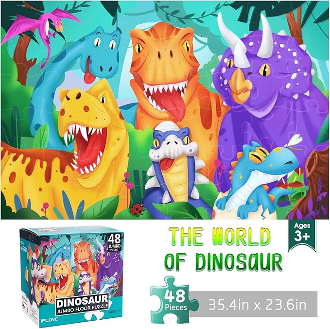 Jumbo Floor Puzzle for Kids Dinosaur Jigsaw Large Puzzles 48 Piece Ages 3-6 for Toddler Children Learning Preschool Educational Intellectual Development Toys 4-8 Years Old Easter Gift for Boy and Girl-CubbioJoy